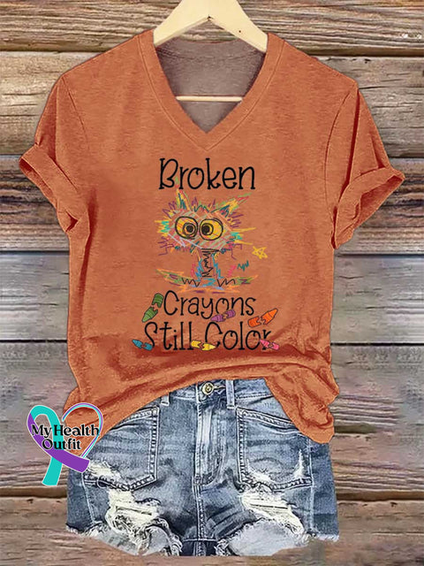 Women’s Broken Crayons Still Color V-neck Casual T-Shirt Orange / S