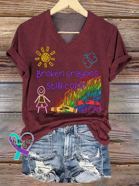 Women’s Broken Crayons Still Color V-neck Casual T-Shirt Red / S