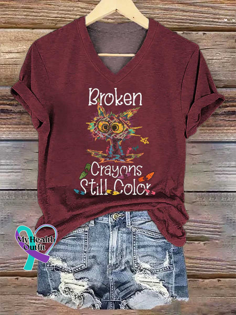 Women’s Broken Crayons Still Color V-neck Casual T-Shirt Red / S