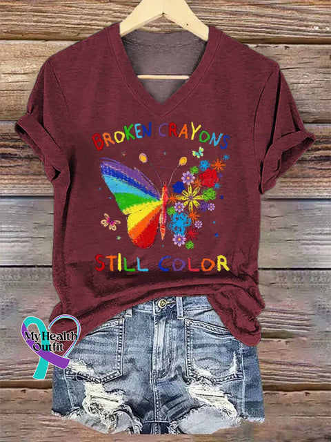 Women’s Broken Crayons Still Color V-neck Casual T-Shirt Red / S