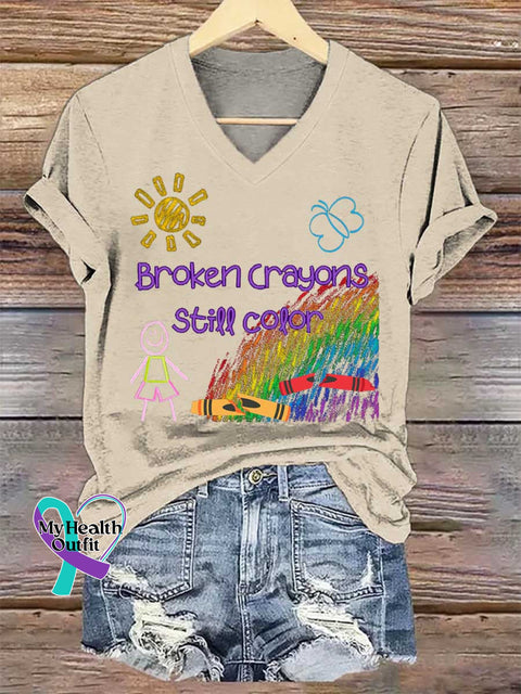 Women’s Broken Crayons Still Color V-neck Casual T-Shirt Sand / S