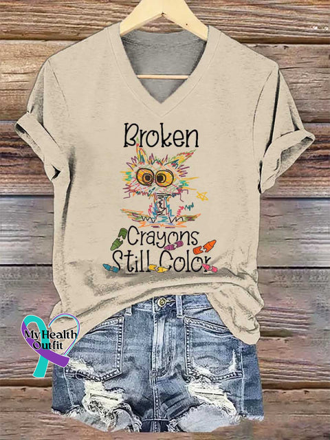 Women’s Broken Crayons Still Color V-neck Casual T-Shirt Sand / S