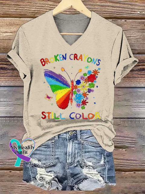 Women’s Broken Crayons Still Color V-neck Casual T-Shirt Sand / S