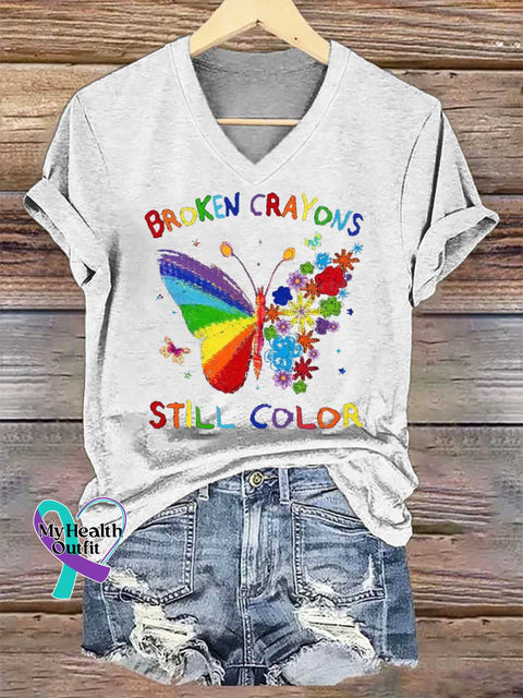 Women’s Broken Crayons Still Color V-neck Casual T-Shirt White / S