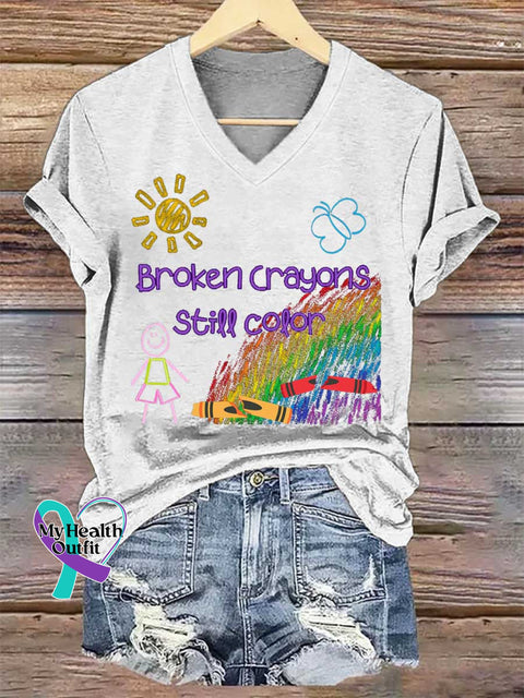 Women’s Broken Crayons Still Color V-neck Casual T-Shirt White / S