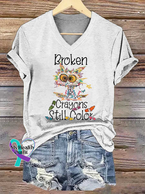 Women’s Broken Crayons Still Color V-neck Casual T-Shirt White / S