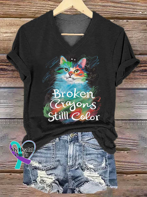 Women’s Broken Crayons Stilll Color Cat V-neck Casual T-Shirt Black / S