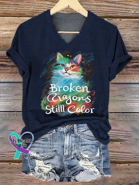 Women’s Broken Crayons Stilll Color Cat V-neck Casual T-Shirt Blue / S