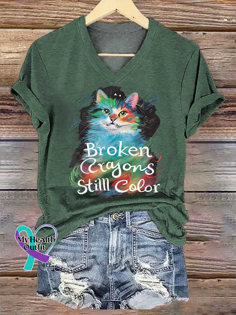 Women’s Broken Crayons Stilll Color Cat V-neck Casual T-Shirt Green / S