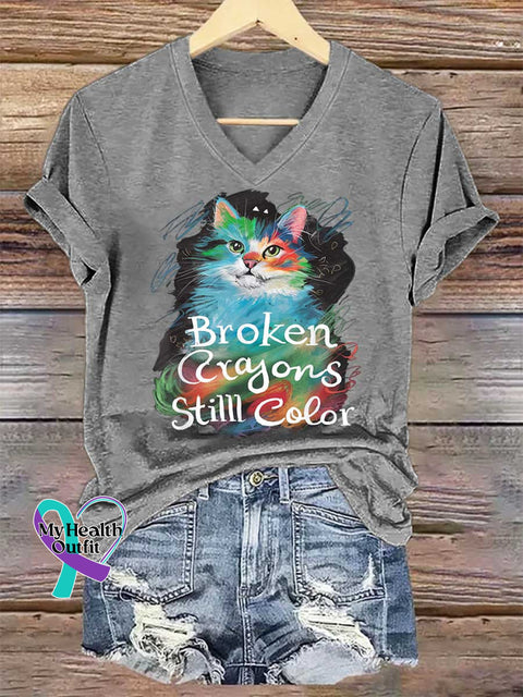 Women’s Broken Crayons Stilll Color Cat V-neck Casual T-Shirt Grey / S