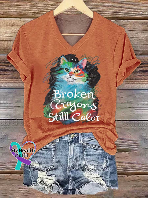Women’s Broken Crayons Stilll Color Cat V-neck Casual T-Shirt Orange / S
