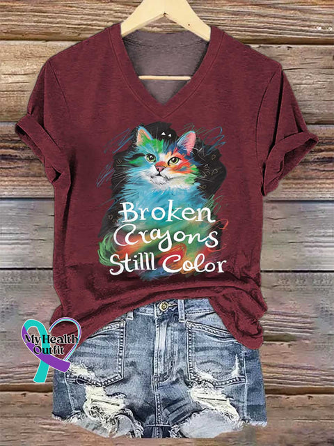 Women’s Broken Crayons Stilll Color Cat V-neck Casual T-Shirt Red / S