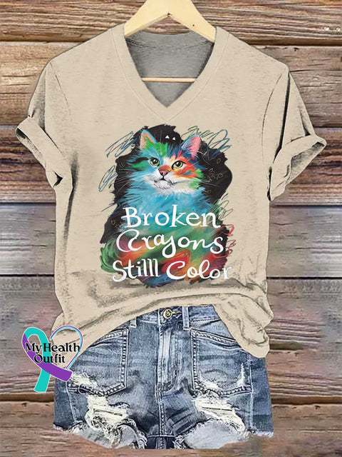 Women’s Broken Crayons Stilll Color Cat V-neck Casual T-Shirt Sand / S