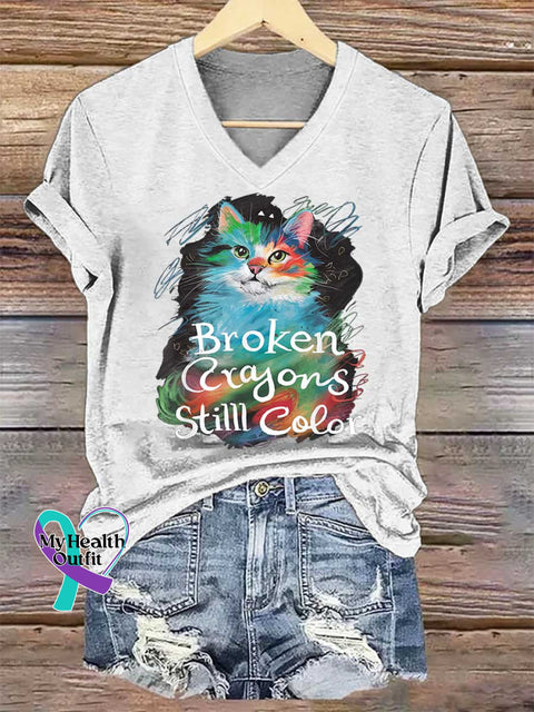 Women’s Broken Crayons Stilll Color Cat V-neck Casual T-Shirt White / S