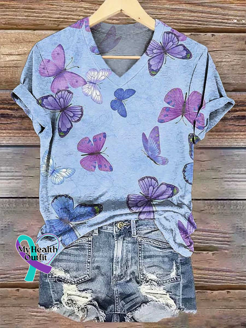 Women’s Butterflies Alzheimer’s Awareness V-neck Casual T-Shirt Multicolor / S