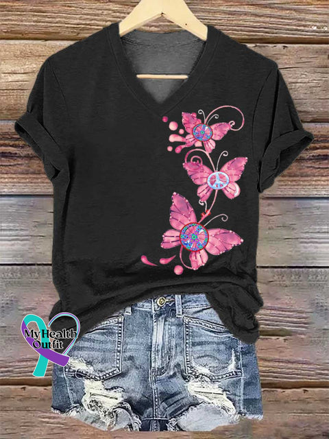 Women’s Butterflies Peace Sign V-neck Casual T-Shirt Black / S