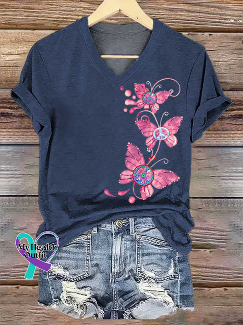 Women’s Butterflies Peace Sign V-neck Casual T-Shirt Blue / S