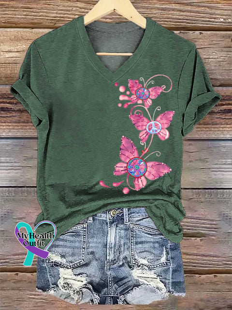 Women’s Butterflies Peace Sign V-neck Casual T-Shirt Green / S