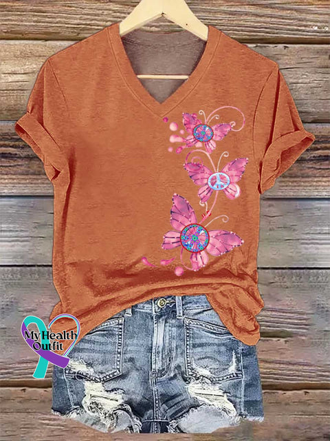Women’s Butterflies Peace Sign V-neck Casual T-Shirt Orange / S