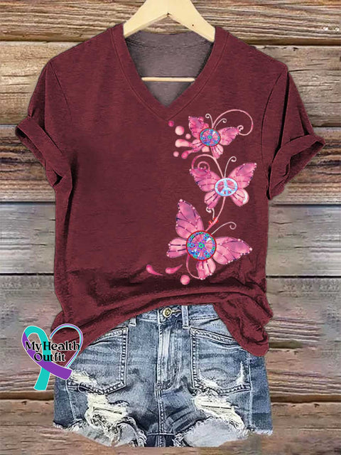 Women’s Butterflies Peace Sign V-neck Casual T-Shirt Red / S