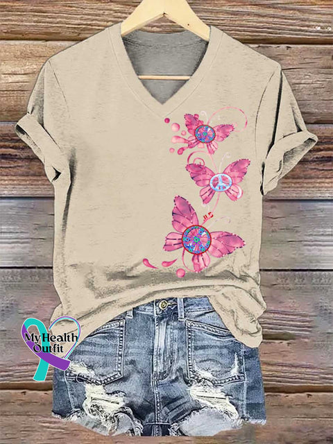 Women’s Butterflies Peace Sign V-neck Casual T-Shirt Sand / S