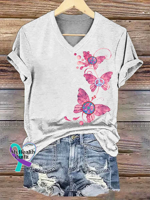Women’s Butterflies Peace Sign V-neck Casual T-Shirt White / S