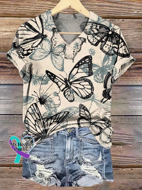 Women’s Butterflies V-neck Casual T-Shirt Multicolor / S