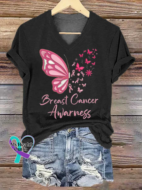 Women’s Butterfly Breast Cancer Awarness V-neck Casual T-Shirt Black / S