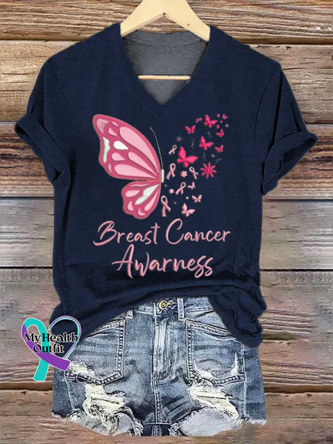 Women’s Butterfly Breast Cancer Awarness V-neck Casual T-Shirt Blue / S