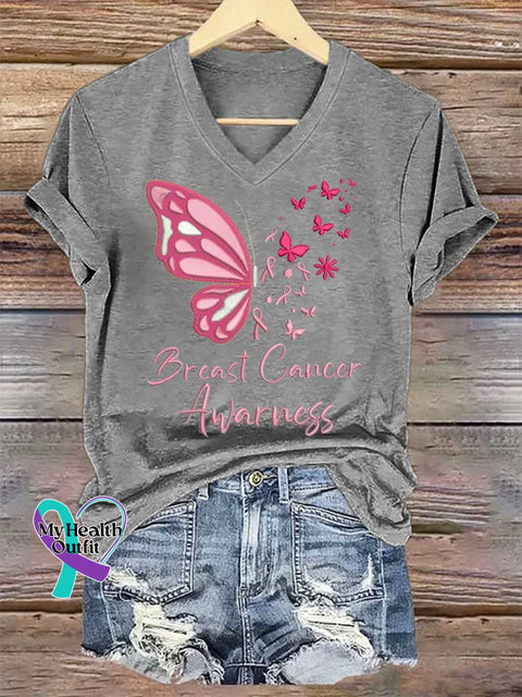 Women’s Butterfly Breast Cancer Awarness V-neck Casual T-Shirt Grey / S
