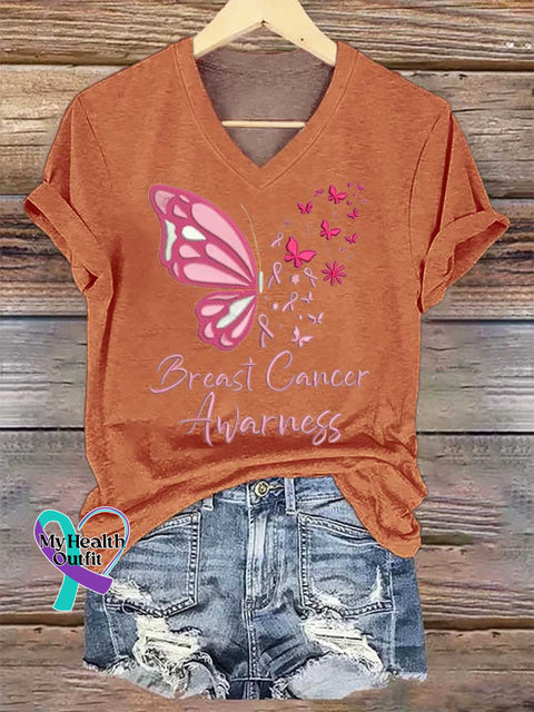 Women’s Butterfly Breast Cancer Awarness V-neck Casual T-Shirt Orange / S