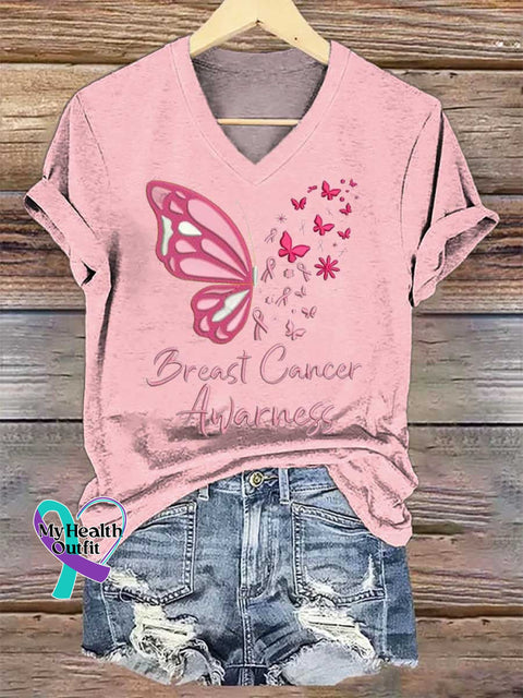 Women’s Butterfly Breast Cancer Awarness V-neck Casual T-Shirt Pink / S