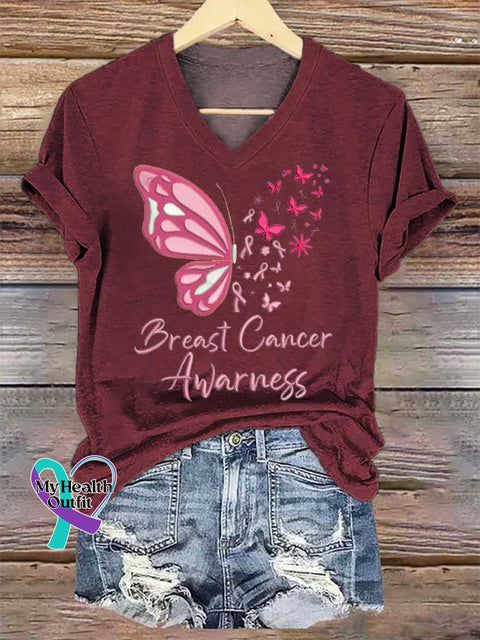 Women’s Butterfly Breast Cancer Awarness V-neck Casual T-Shirt Red / S