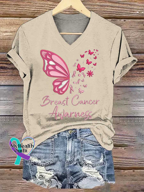 Women’s Butterfly Breast Cancer Awarness V-neck Casual T-Shirt Sand / S