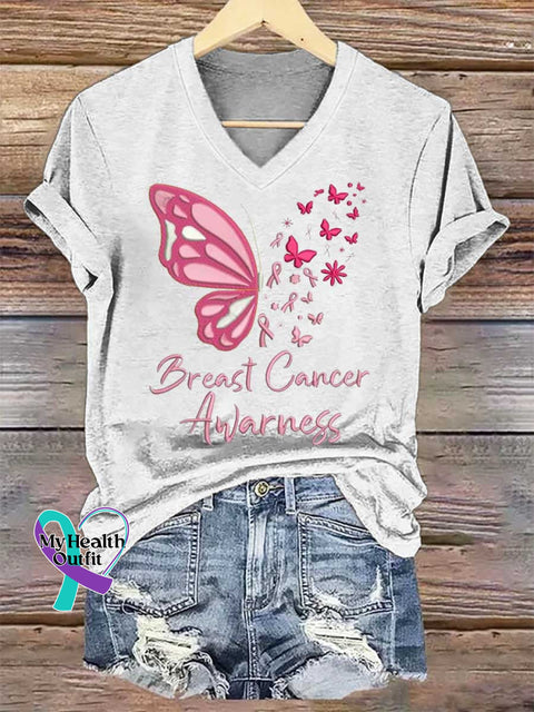Women’s Butterfly Breast Cancer Awarness V-neck Casual T-Shirt White / S