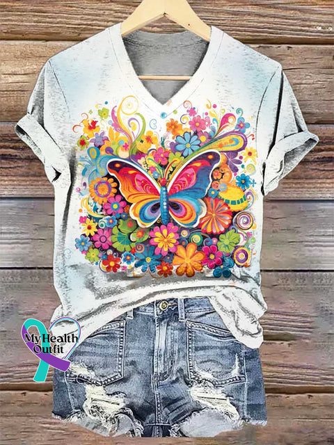 Women’s Butterfly Floral V-neck Casual T-Shirt Multicolor / S