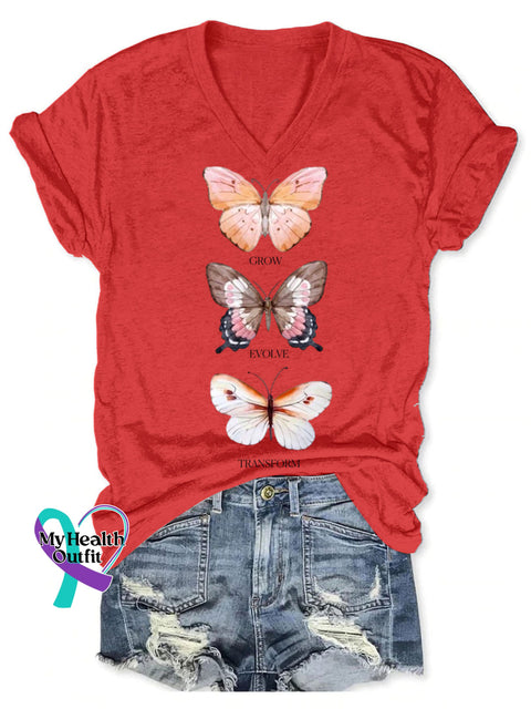 Women’s Butterfly Grow Evolve Transform Art Print V-neck Casual T-Shirt Red / S