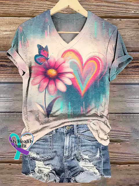 Women’s Butterfly Heart Floral V-neck Casual T-Shirt Multicolor / S