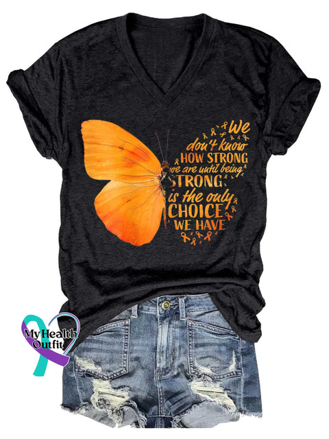 Women’s Butterfly Ms Awareness Multiple Sclerosis Warrior Multiple Sclerosis Orange Ribbon V-neck Casual T-Shirt Black
