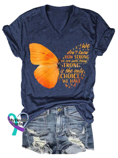 Women’s Butterfly Ms Awareness Multiple Sclerosis Warrior Multiple Sclerosis Orange Ribbon V-neck Casual T-Shirt Blue