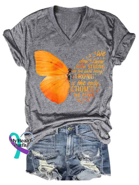 Women’s Butterfly Ms Awareness Multiple Sclerosis Warrior Multiple Sclerosis Orange Ribbon V-neck Casual T-Shirt Grey