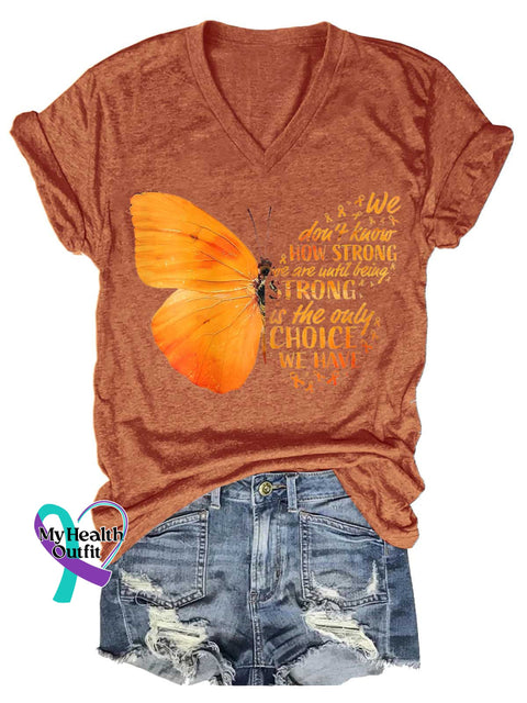 Women’s Butterfly Ms Awareness Multiple Sclerosis Warrior Multiple Sclerosis Orange Ribbon V-neck Casual T-Shirt Orange