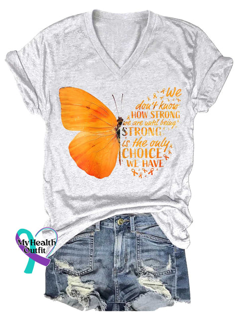Women’s Butterfly Ms Awareness Multiple Sclerosis Warrior Multiple Sclerosis Orange Ribbon V-neck Casual T-Shirt White