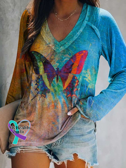 Women’s Butterfly Print Casual V Neck Long Sleeve Tops Multicolor / S