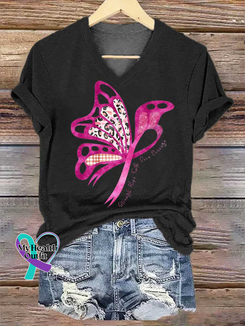 Women’s Butterfly Strength Hope Faith Love Courage Breast Cancer Awareness V-neck Casual T-Shirt Black / S