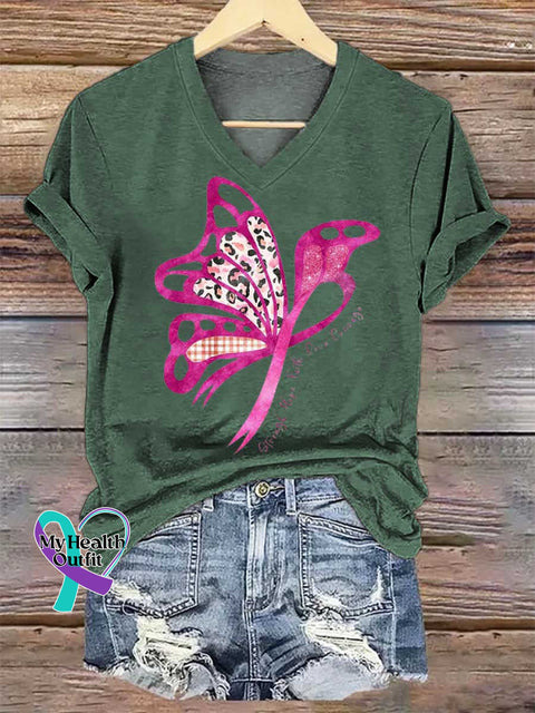 Women’s Butterfly Strength Hope Faith Love Courage Breast Cancer Awareness V-neck Casual T-Shirt Green / S