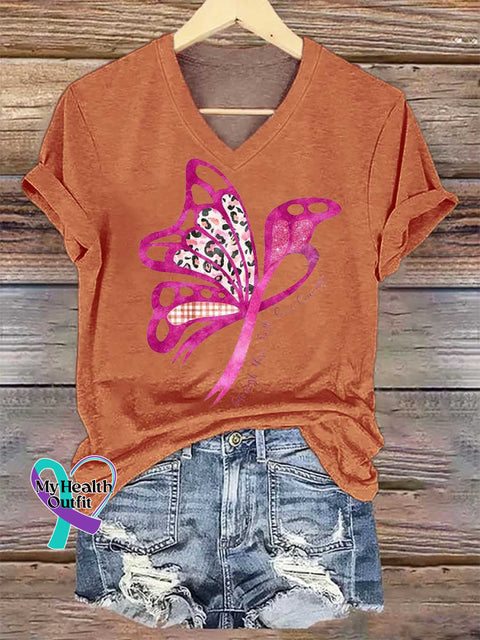 Women’s Butterfly Strength Hope Faith Love Courage Breast Cancer Awareness V-neck Casual T-Shirt Orange / S