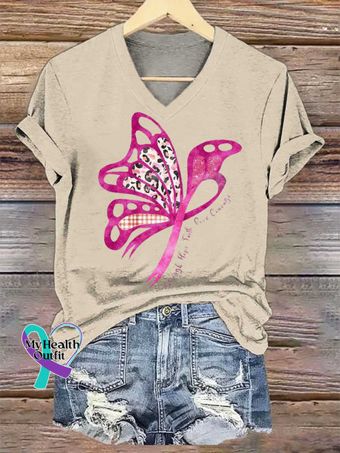Women’s Butterfly Strength Hope Faith Love Courage Breast Cancer Awareness V-neck Casual T-Shirt Sand / S