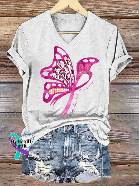 Women’s Butterfly Strength Hope Faith Love Courage Breast Cancer Awareness V-neck Casual T-Shirt White / S