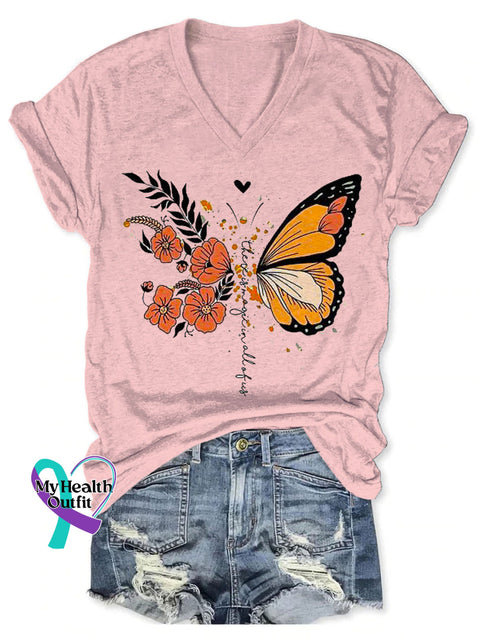 Women’s Butterfly There Is Magic In All Of Us Art Print V-neck Casual T-Shirt Pink / S